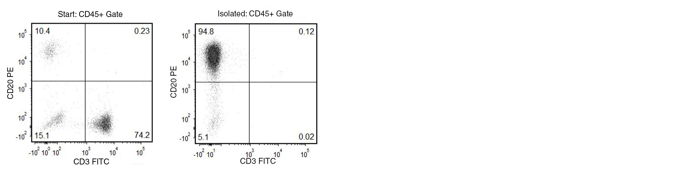 The content of rhesus macaque CD20+ B cells before and after isolation correspond to 10.4% and 94.8%, respectively.