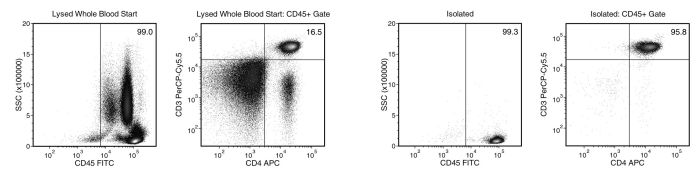 Starting with human whole blood from normal healthy donors, the typical CD4+ T cell (CD3+CD4+) content of the non-lysed final isolated fraction is 93.6 ± 2.5% (gated on CD45) or 93.1 ± 2.5% (not gated on CD45).